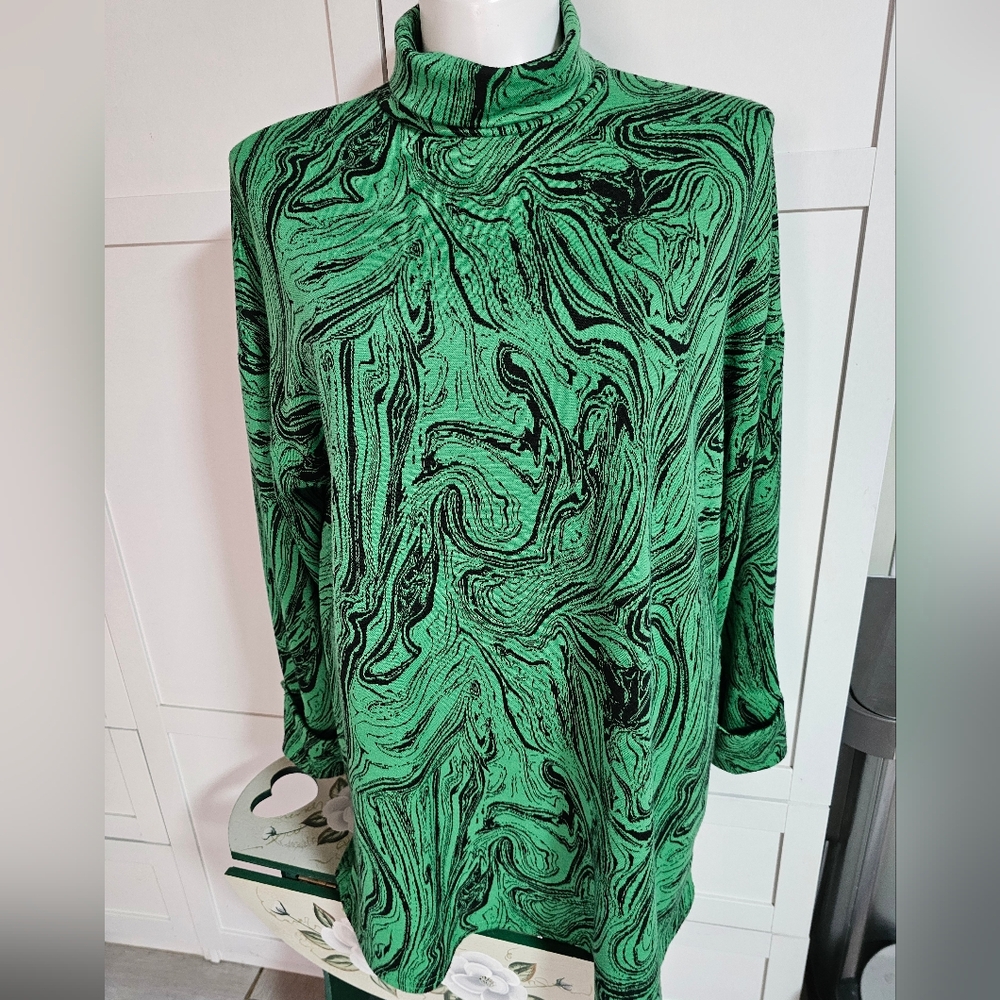 ASOS Design Green Black Marble Swirl Print Oversized Turtleneck Top US 10 Unworn